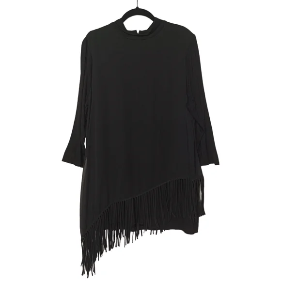 CHICO'S Fringe Asymmetric Hem Semi Sheer Overlay Black Top 2 (Large) - Picture 6 of 9